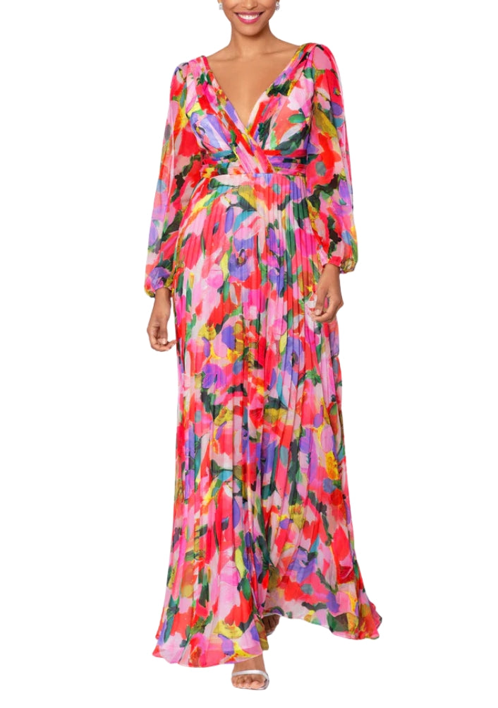 Betsy and Adam Amber Print Deep V-Neckline Long Sleeves Back Zipper Flowy Skirt Floor Length Dress