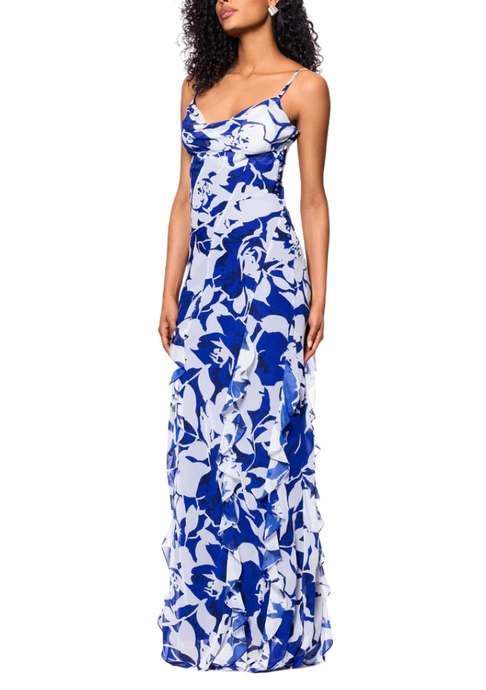 Betsy and Adam White Royal Print Georgina Draped Cowl Neckline Spaghetti Straps Cascading Ruffle Details Back Zipper Flowy Skirt Floor Length Dress
