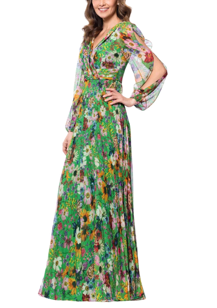 Betsy and Adam Chiffon Floral Print Katarina V-Neck Long Sheer Sleeves Wrap-Style Bodice Pleated Skirt Dress