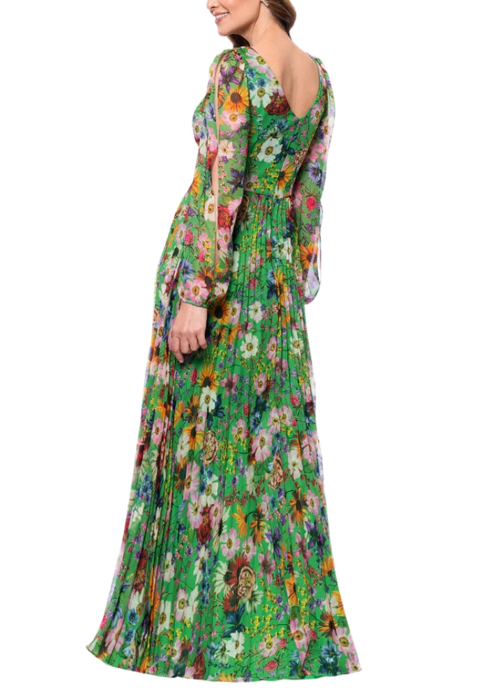 Betsy and Adam Chiffon Floral Print Katarina V-Neck Long Sheer Sleeves Wrap-Style Bodice Pleated Skirt Dress