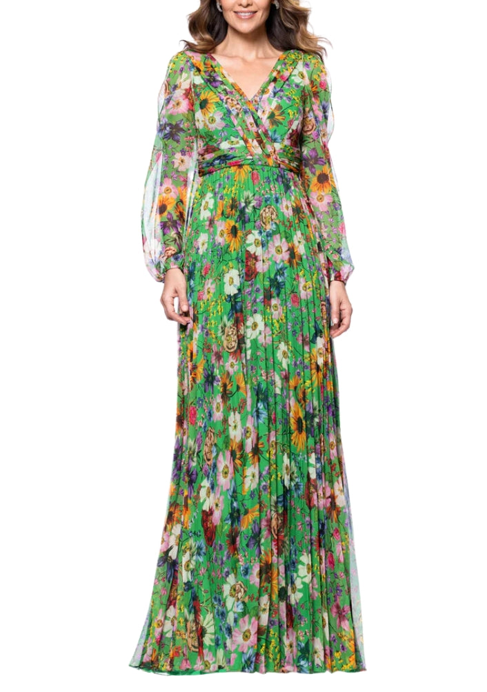 Betsy and Adam Chiffon Floral Print Katarina V-Neck Long Sheer Sleeves Wrap-Style Bodice Pleated Skirt Dress