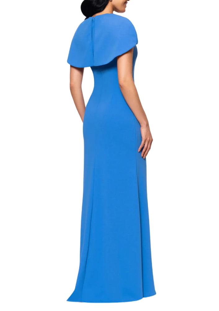 Betsy and Adam Shanice Cape Overlay Neckline Back Zipper Sheath Silhouette Floor Length Dress