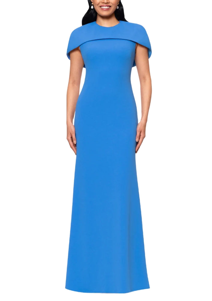 Betsy and Adam Shanice Cape Overlay Neckline Back Zipper Sheath Silhouette Floor Length Dress