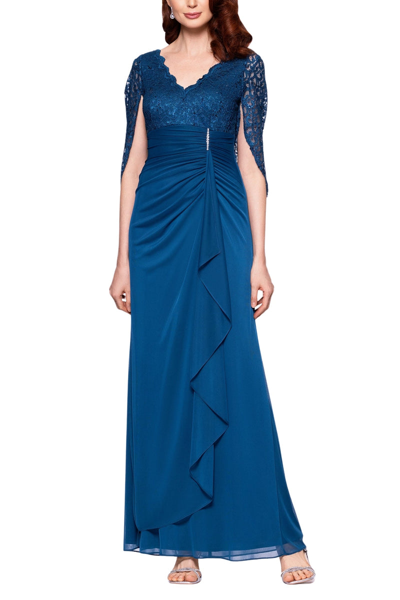 Betsy and Adam Carmyn V-Neckline Three-Quarter Lace Side Ruche Long Gown Dress