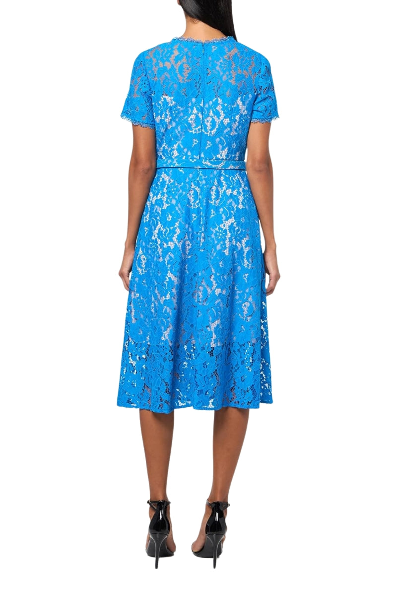 Adrianna Papell Lace Round Neckline Short Sleeves Cinched Waist Belt A-Line Midi Dress