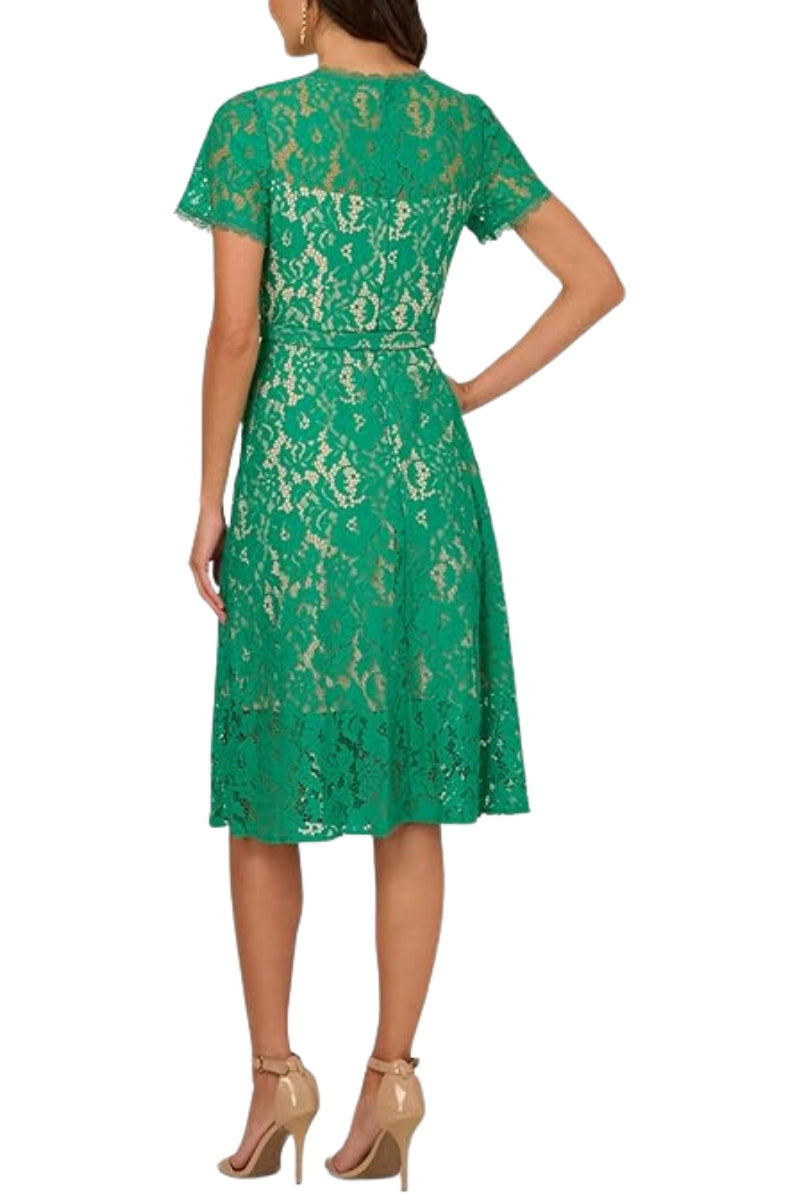 Adrianna Papell Lace Round Neckline Short Sleeves Cinched Waist Belt A-Line Midi Dress