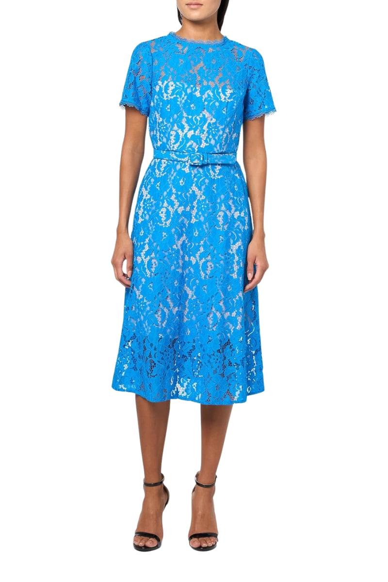Adrianna Papell Lace Round Neckline Short Sleeves Cinched Waist Belt A-Line Midi Dress