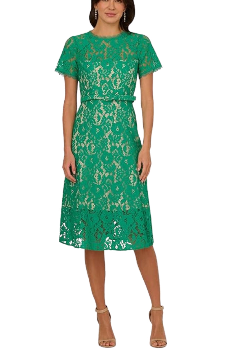 Adrianna Papell Lace Round Neckline Short Sleeves Cinched Waist Belt A-Line Midi Dress