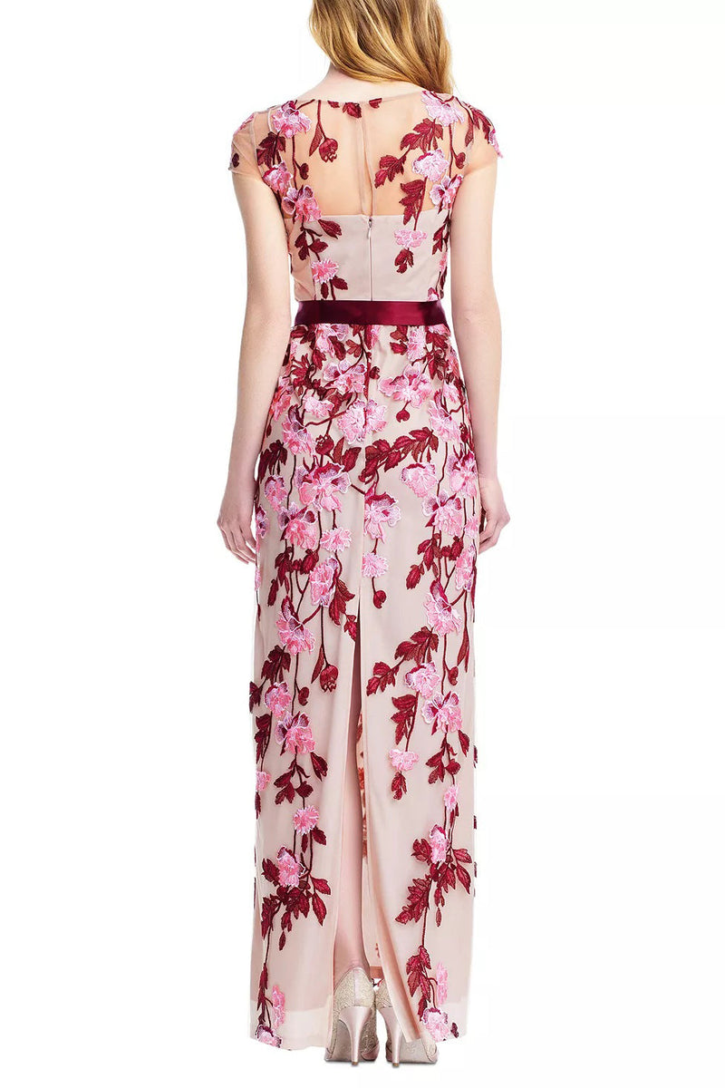 Adrianna Papell Boat Neck Cap Sleeve Tie Waist Floral Embroidered Keyhole Slit Back Mesh Dress