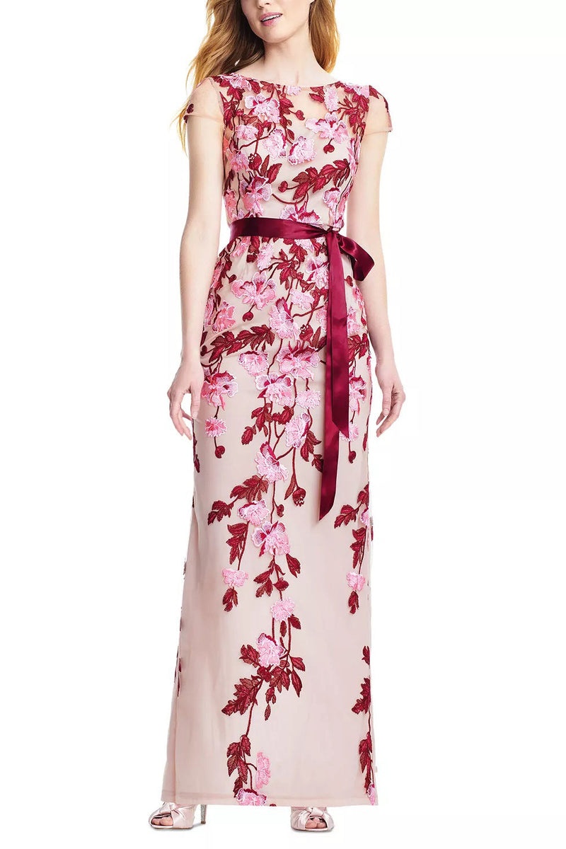 Adrianna Papell Boat Neck Cap Sleeve Tie Waist Floral Embroidered Keyhole Slit Back Mesh Dress