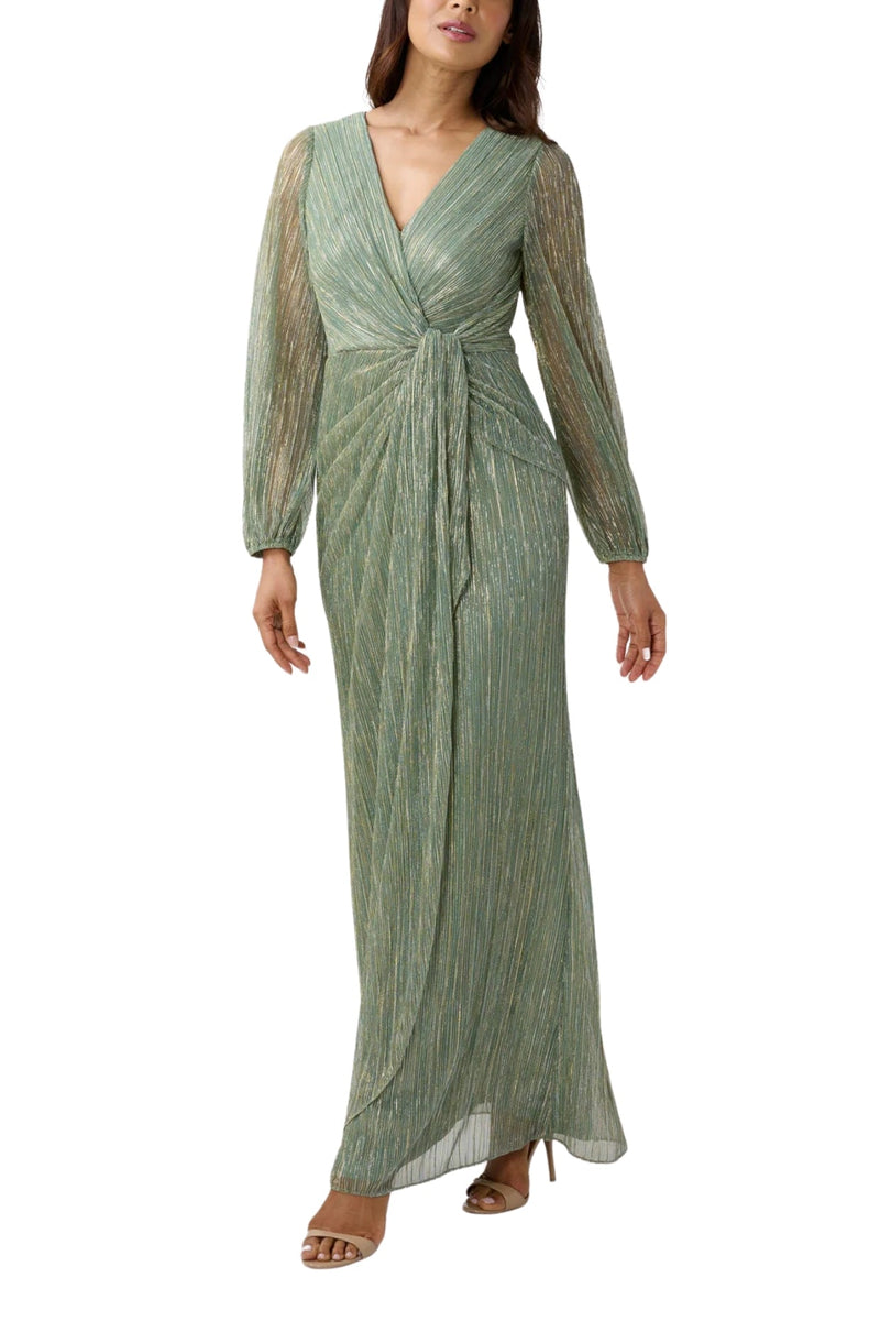 Adrianna Papell Metallic V-Neckline Long Sleeves Waist Twist Bodice Ruched Gown Dress