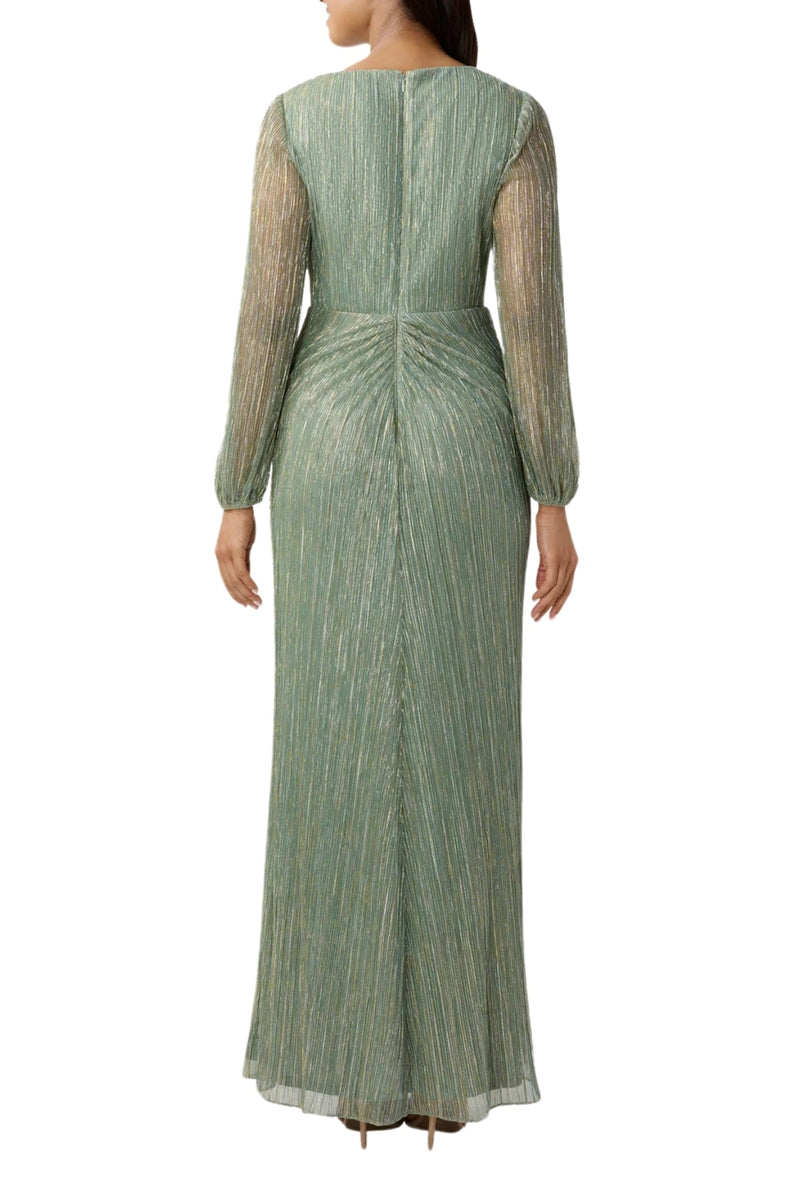 Adrianna Papell Metallic V-Neckline Long Sleeves Waist Twist Bodice Ruched Gown Dress