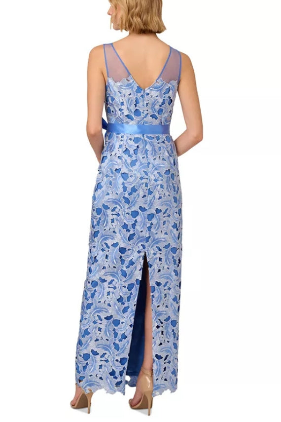 Adrianna Papell Boat Neckline Sleeveless Ribbon Tie Tonal Lace Sheath Silhouette Dress