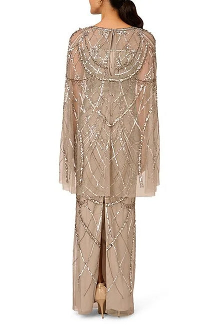 Adrianna Papell Sweetheart Boat Neck Cape Sleeves Beaded Mesh Illusion Trim Flutter Hemline Sheath Floor-Length Silhouette Dress
