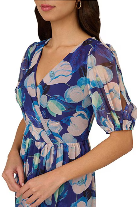 Adrianna Papell Floral Print Pleating Surplice V-Neckline Short Sleeves Elastic Cuffs Ruched Waist Seam Front Slit Chiffon Maxi Dress