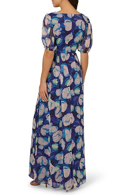 Adrianna Papell Floral Print Pleating Surplice V-Neckline Short Sleeves Elastic Cuffs Ruched Waist Seam Front Slit Chiffon Maxi Dress