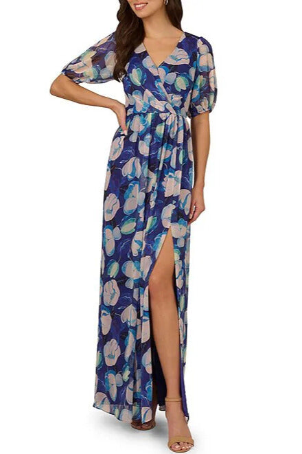 Adrianna Papell Floral Print Pleating Surplice V-Neckline Short Sleeves Elastic Cuffs Ruched Waist Seam Front Slit Chiffon Maxi Dress