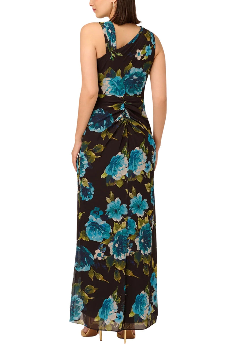 Adrianna Papell Floral Print Chiffon Asymmetrical Neck Sleeveless Front Twist Ruffle Column Dress