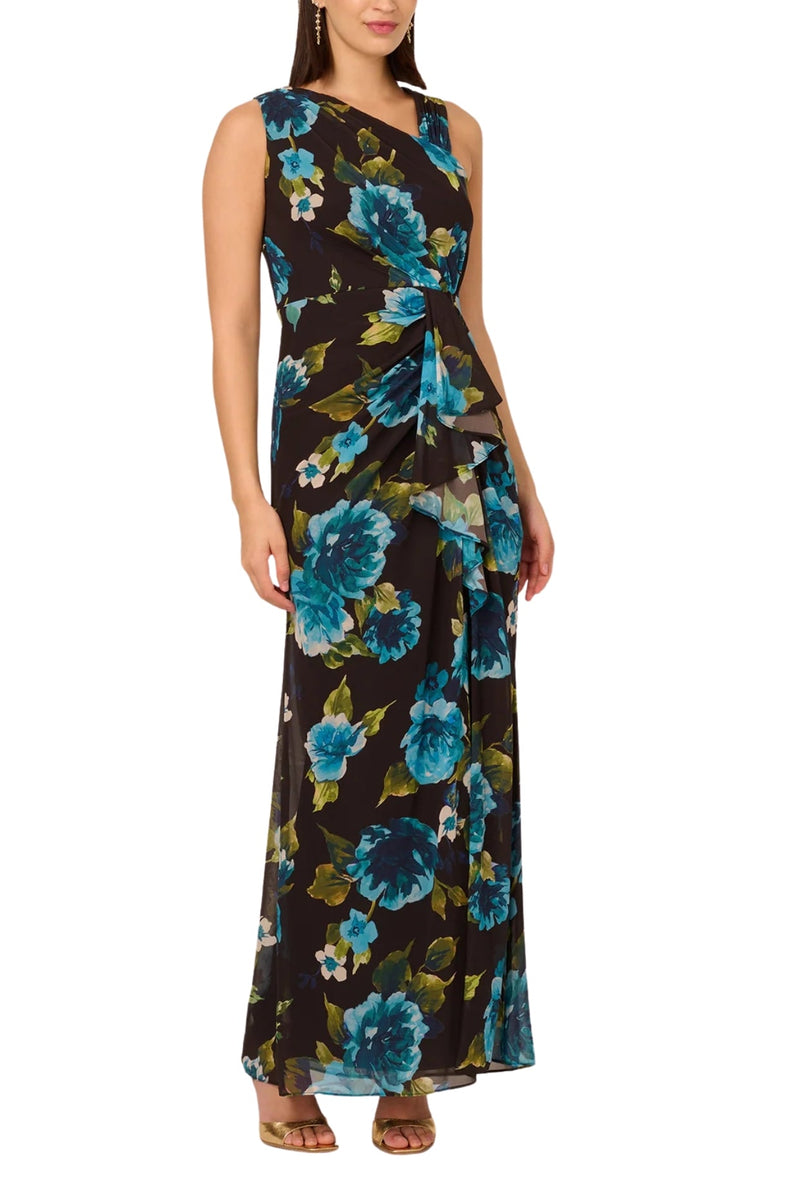 Adrianna Papell Floral Print Chiffon Asymmetrical Neck Sleeveless Front Twist Ruffle Column Dress