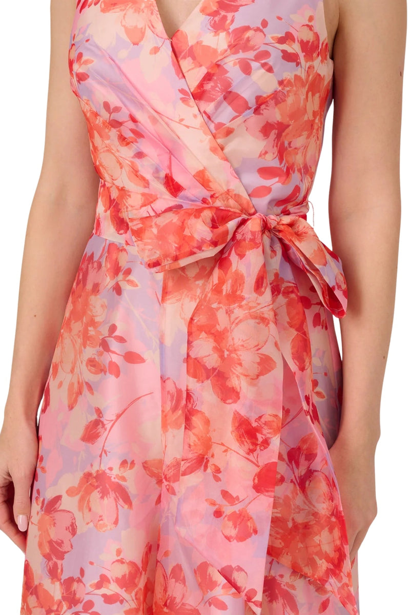 Adrianna Papell Surplice Neckline Floral Organza Wide Leg Jumpsuit Dress