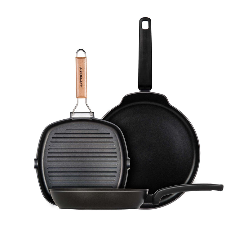 3 PACK BUNDLE - 8" GRILL PAN WITH FOLDING HANDLE + 9.5" FRY PAN + 11" CREPE PAN, WITH BAKELITE HANDLE, CAST ALUMINUM WITH SUPERIOR NON-STICK