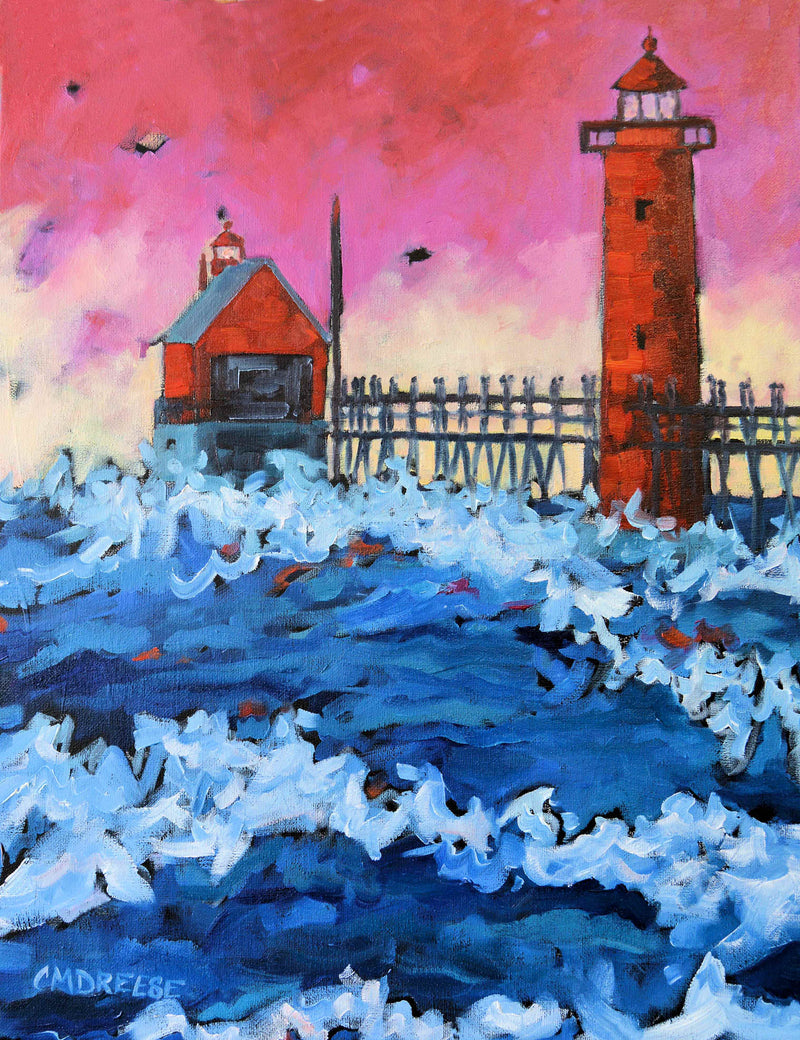 "Pink Sky at Night Lighthouse" Grand Haven Sunset Lighthouse Print on Paper, Wood Panel - Wall Art Home Decor