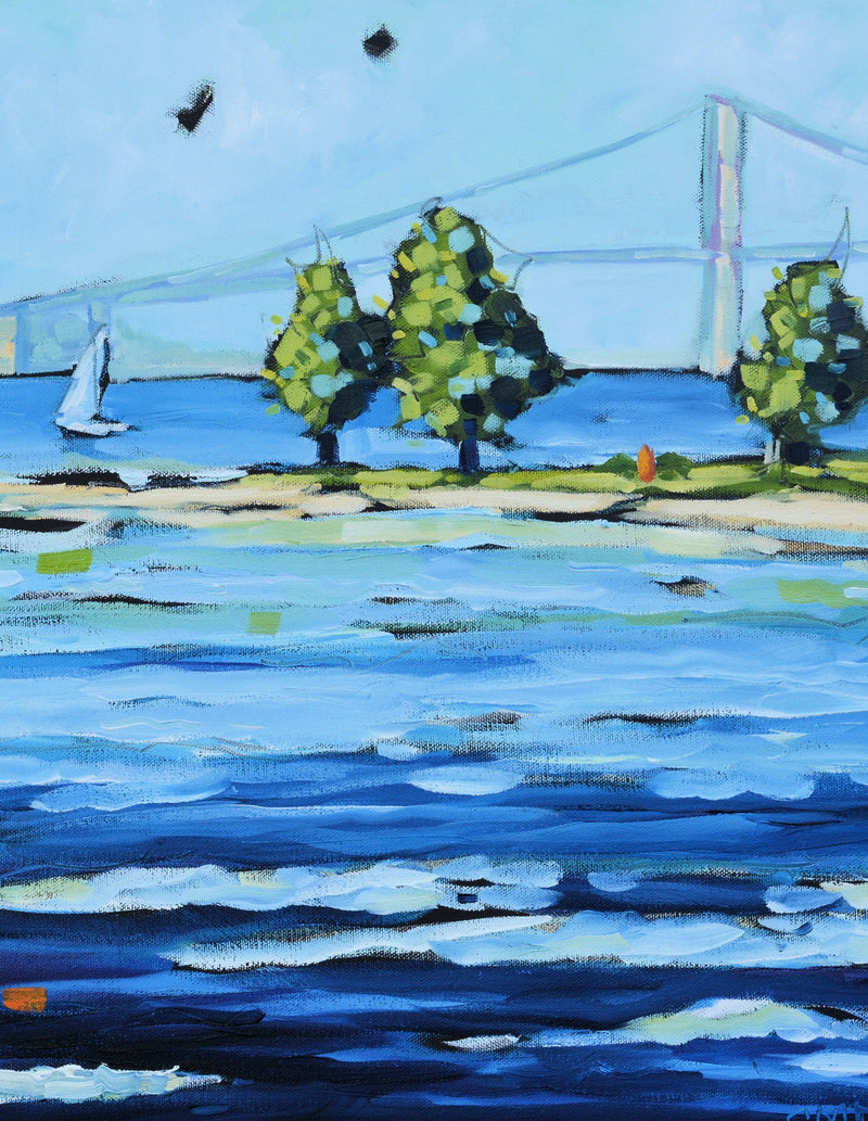 "Sailing at Mackinac Island" Mackinac Bridge Sailboat Glass Art Print