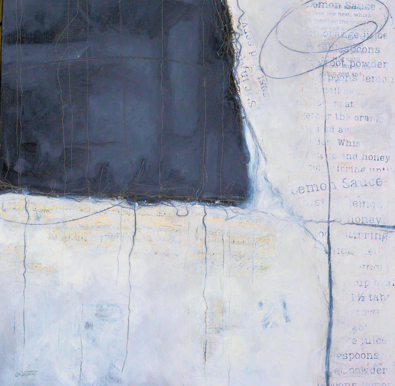 "What's in the Sauce?" Mixed Media: Oil, Cold Wax and Collage on Canvas. Artist Christi Dreese