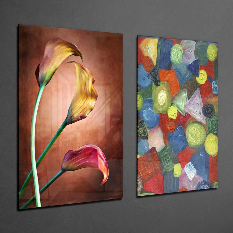 Tulips and Shapes 2 Pieces Combine Glass Wall Art