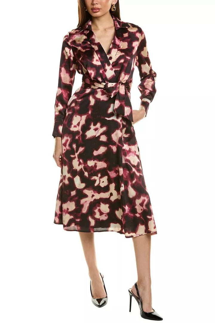 Tahari ASL V-Neck Long Sleeve Button Cuffs Slip Pockets Surplice Tie Waist Midi A-Line Satin Dress