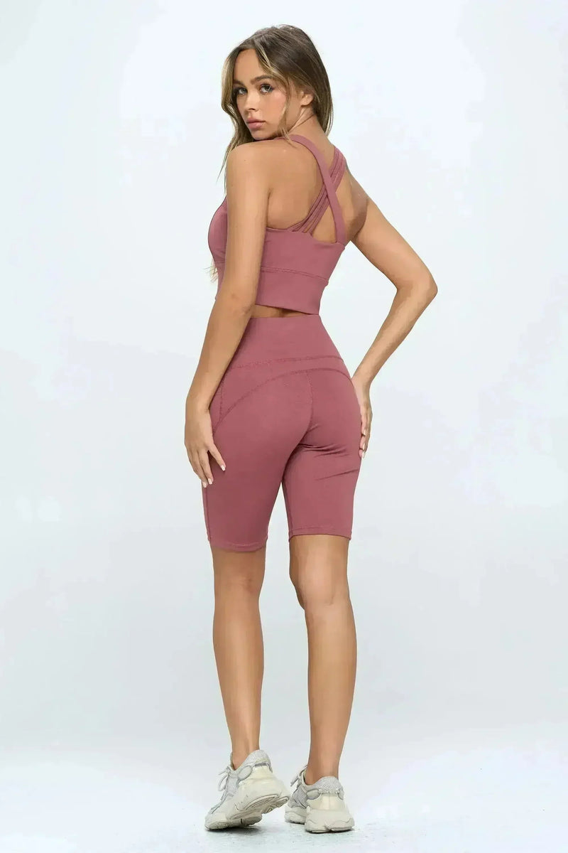 Crisscross Sports Bra & Biker Shorts Set | Femstylo
