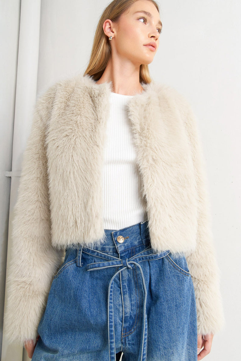 LONDON FLARE CREAM FAUX FUR CROP JACKET