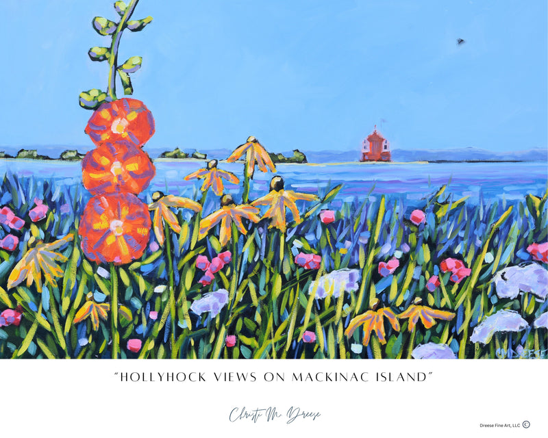 "Hollyhock Views on Mackinac Island" Flower Print on Paper, Wood Panel - Wall Art Home Decor