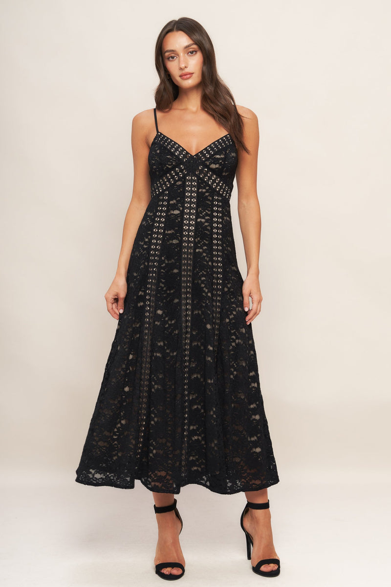ROMANTIC NOIR NIGHTS WOVEN LACE MIDI DRESS