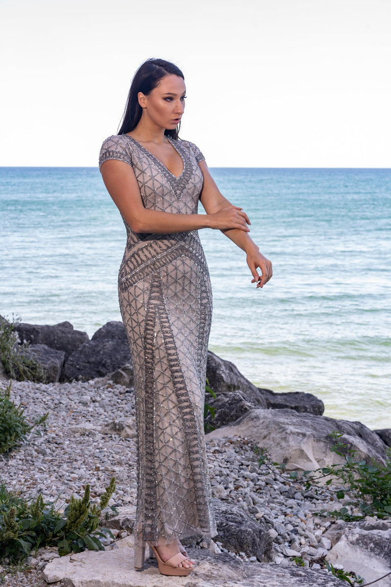 Lara 29746 - Beaded V-Neckline Dress with Cap Sleeves