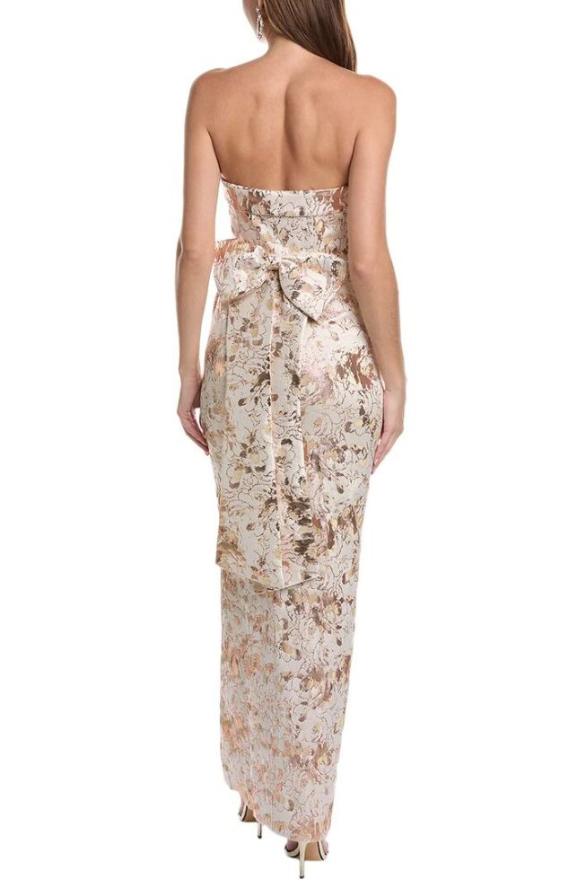 Aidan Mattox Floral Metallic Jacquard Strapless Bow Detail Gown