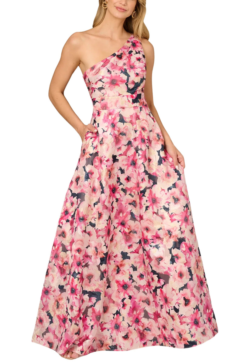 Aidan Mattox Floral Print Jacquard One-Shoulder Sleeveless with Pockets Ball Gown