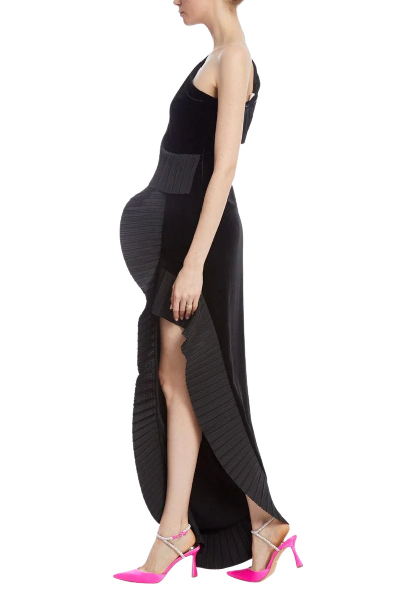 One33 Social Mercer Velvet Black Sleeveless Asymmetric One-Shoulder Neckline Pleated Ruffle Sheath Gown Dress