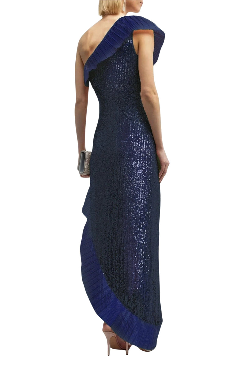 One33 Social Mercer Velvet Black Sleeveless Asymmetric One-Shoulder Neckline Pleated Ruffle Sheath Gown Dress