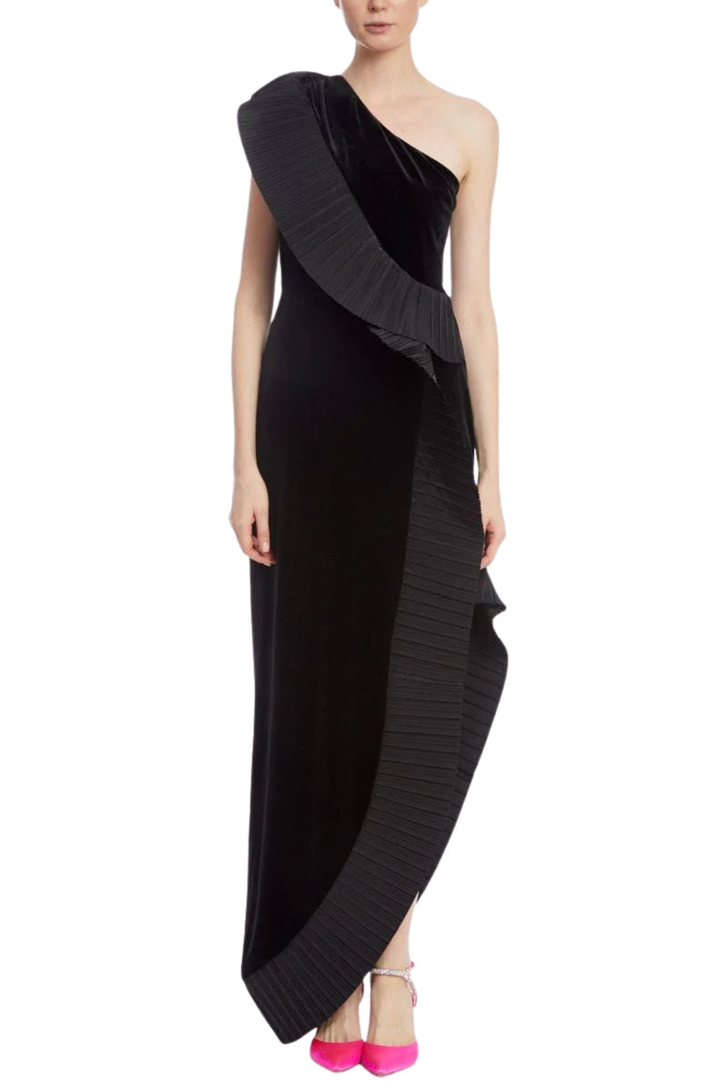 One33 Social Mercer Velvet Black Sleeveless Asymmetric One-Shoulder Neckline Pleated Ruffle Sheath Gown Dress