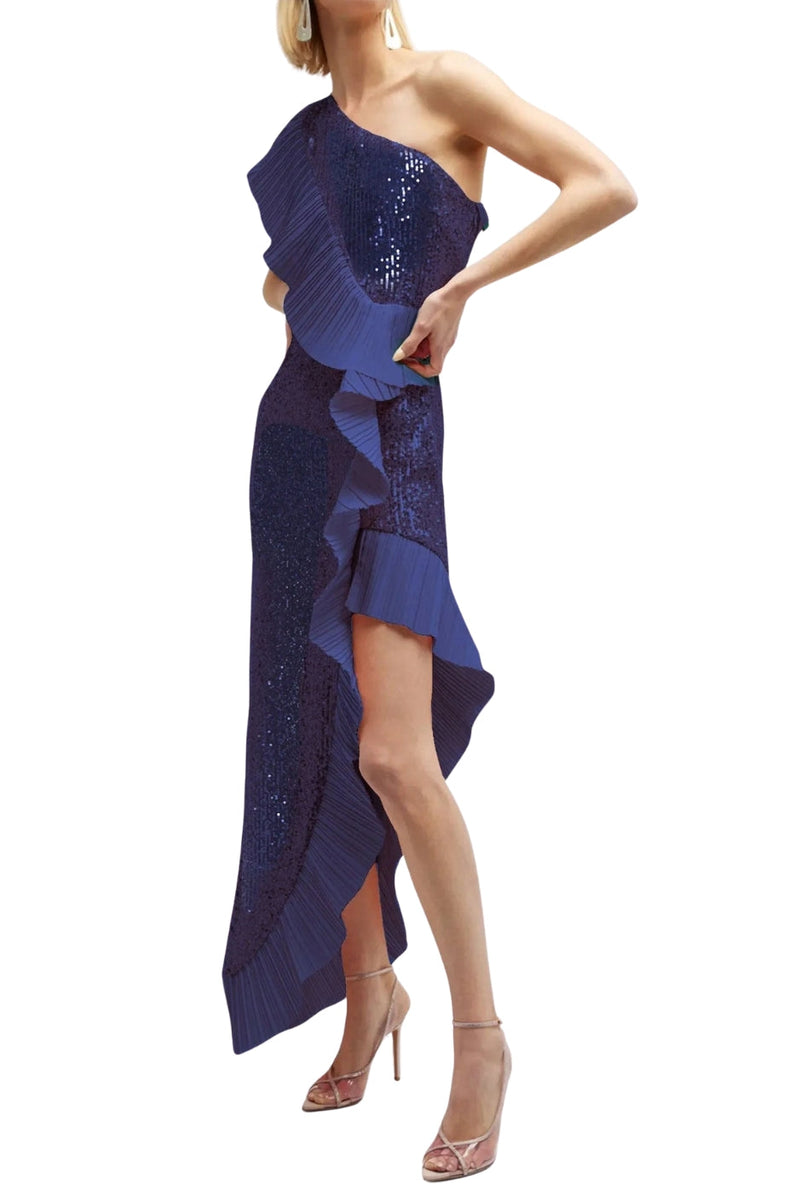 One33 Social Mercer Velvet Black Sleeveless Asymmetric One-Shoulder Neckline Pleated Ruffle Sheath Gown Dress