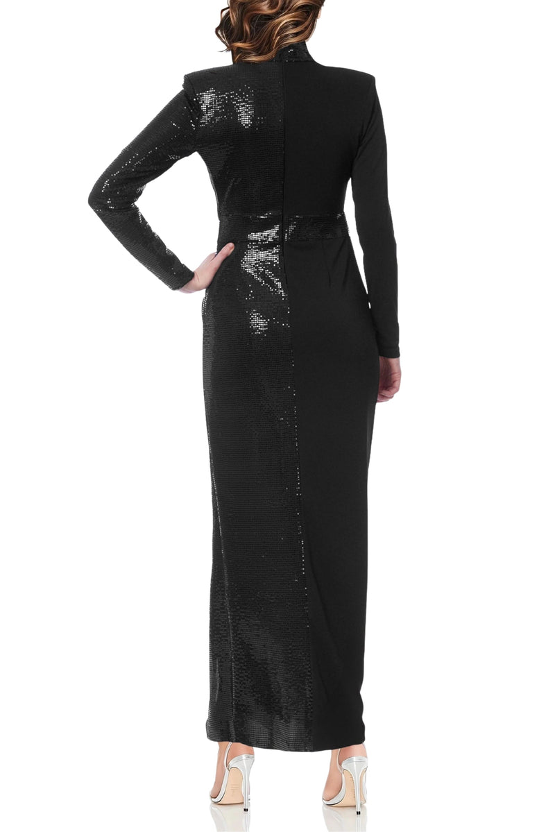 One33 Social Bridgette High Mock Neckline Keyhole Cutout Long Sleeves Zipper Closure Skirt Side Slit Sheath Column Gown Dress