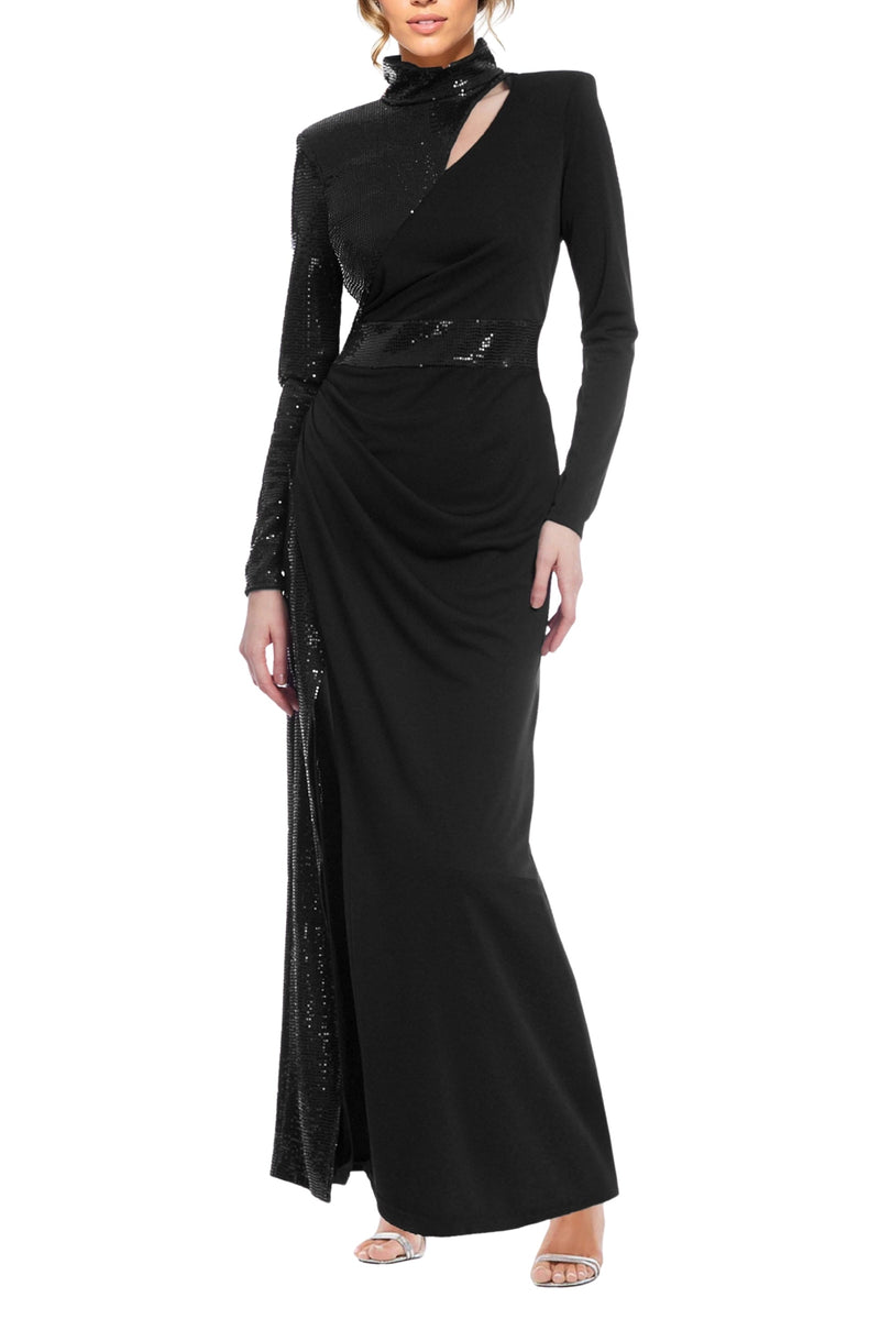 One33 Social Bridgette High Mock Neckline Keyhole Cutout Long Sleeves Zipper Closure Skirt Side Slit Sheath Column Gown Dress