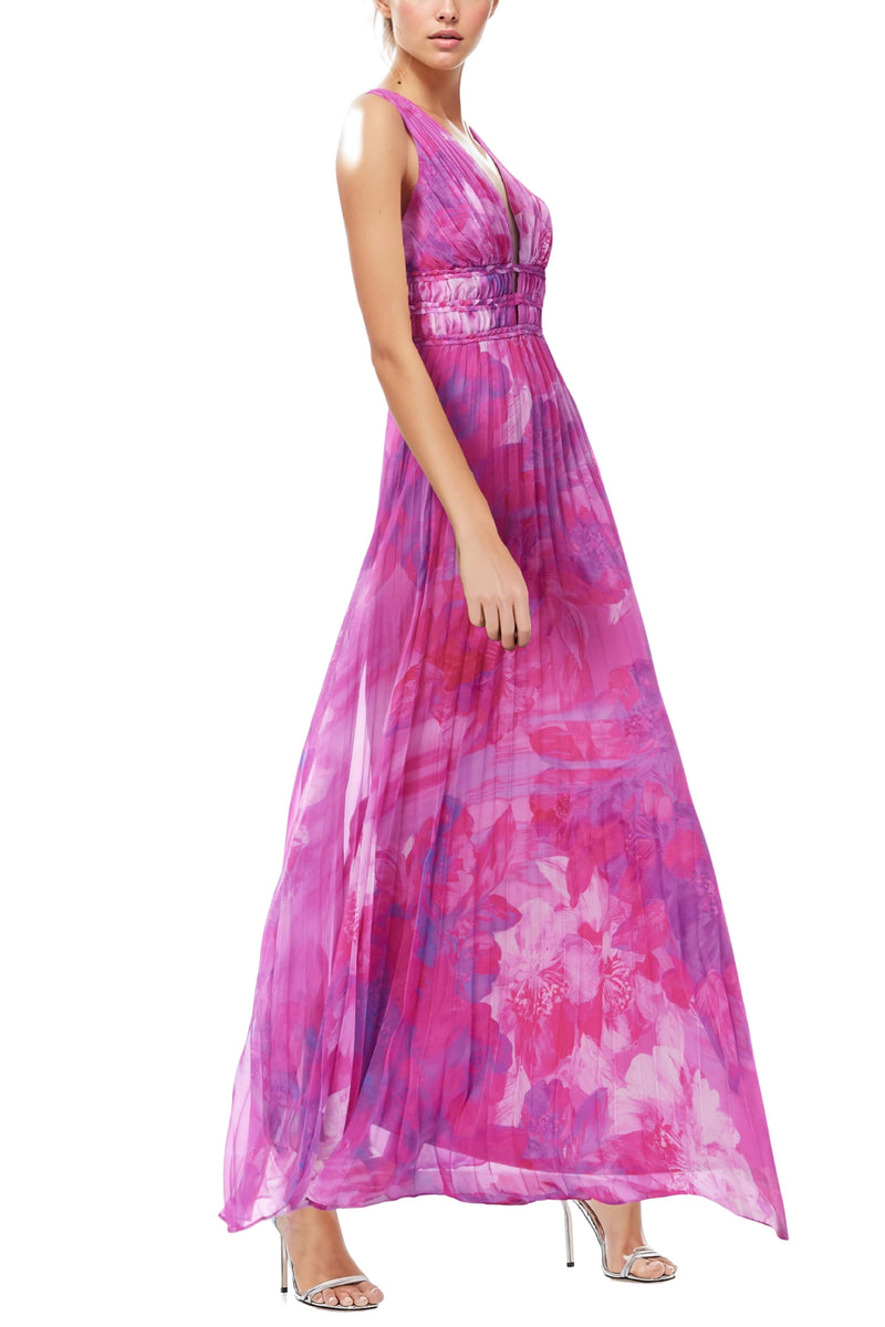 One 33 Social Perry Pleated Plunge V-Neckline Sleeveless Chiffon Maxi A-Line Gown Dress
