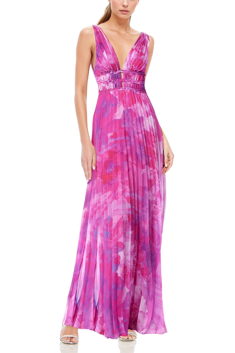 One 33 Social Perry Pleated Plunge V-Neckline Sleeveless Chiffon Maxi A-Line Gown Dress