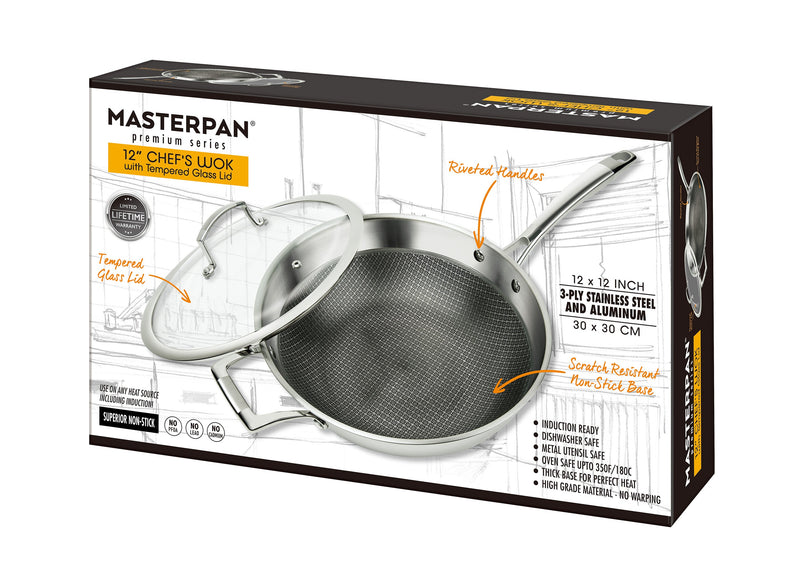 MASTERPAN Nonstick 3-Ply Chefs Wok & Glass Lid, 12" (30cm)