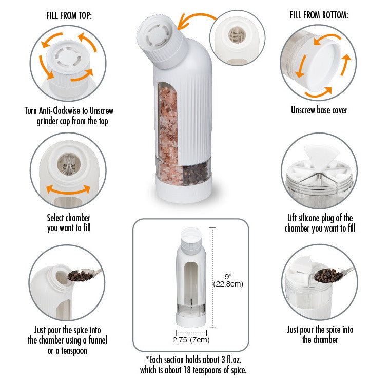 5-in-1 Multi Section Spice Grinder & Dispenser, White (Spices Not Included)