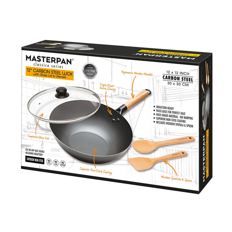 MASTERPAN Nonstick Carbon Steel Wok with Glass Lid & Wooden Utensils, 12" (30cm)