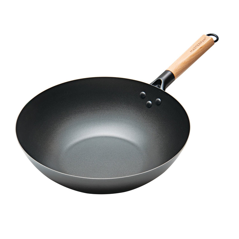 MASTERPAN Nonstick Carbon Steel Wok with Glass Lid & Wooden Utensils, 12" (30cm)
