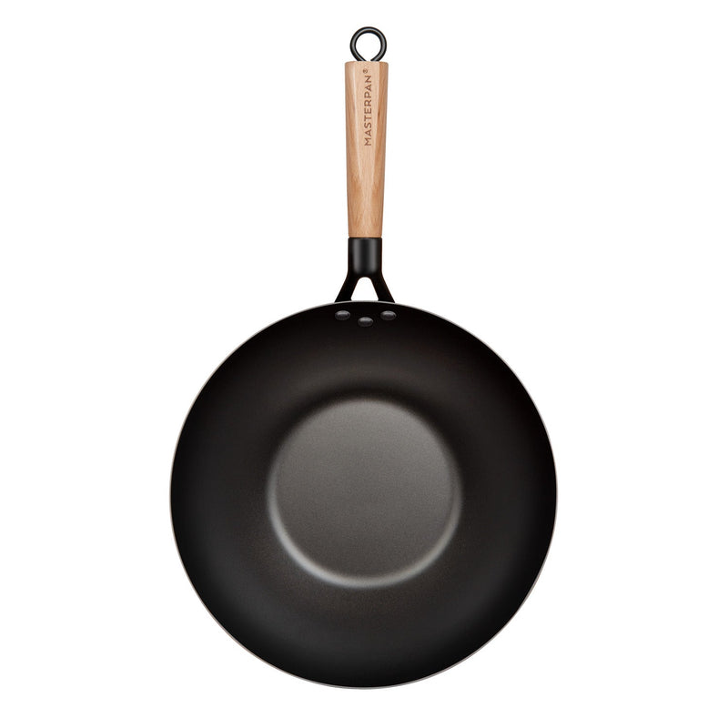 MASTERPAN Nonstick Carbon Steel Wok with Glass Lid & Wooden Utensils, 12" (30cm)